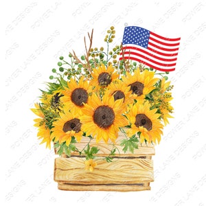 May include: A wooden crate filled with sunflowers and greenery, with an American flag sticking out of the top.