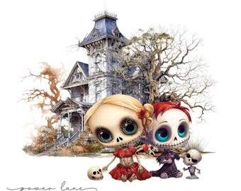 Halloween Dolls Haunted House Sublimation Design, Instant Digital Download
