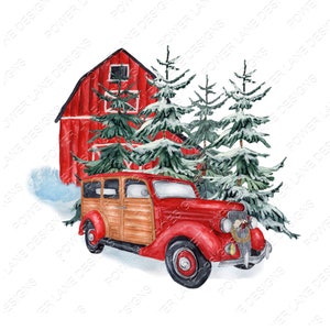 Watercolor -  Christmas - Vintage Car - Red Truck - Farmhouse - Country - Barn - Ornament - Personalize - Digital Download - Sublimation
