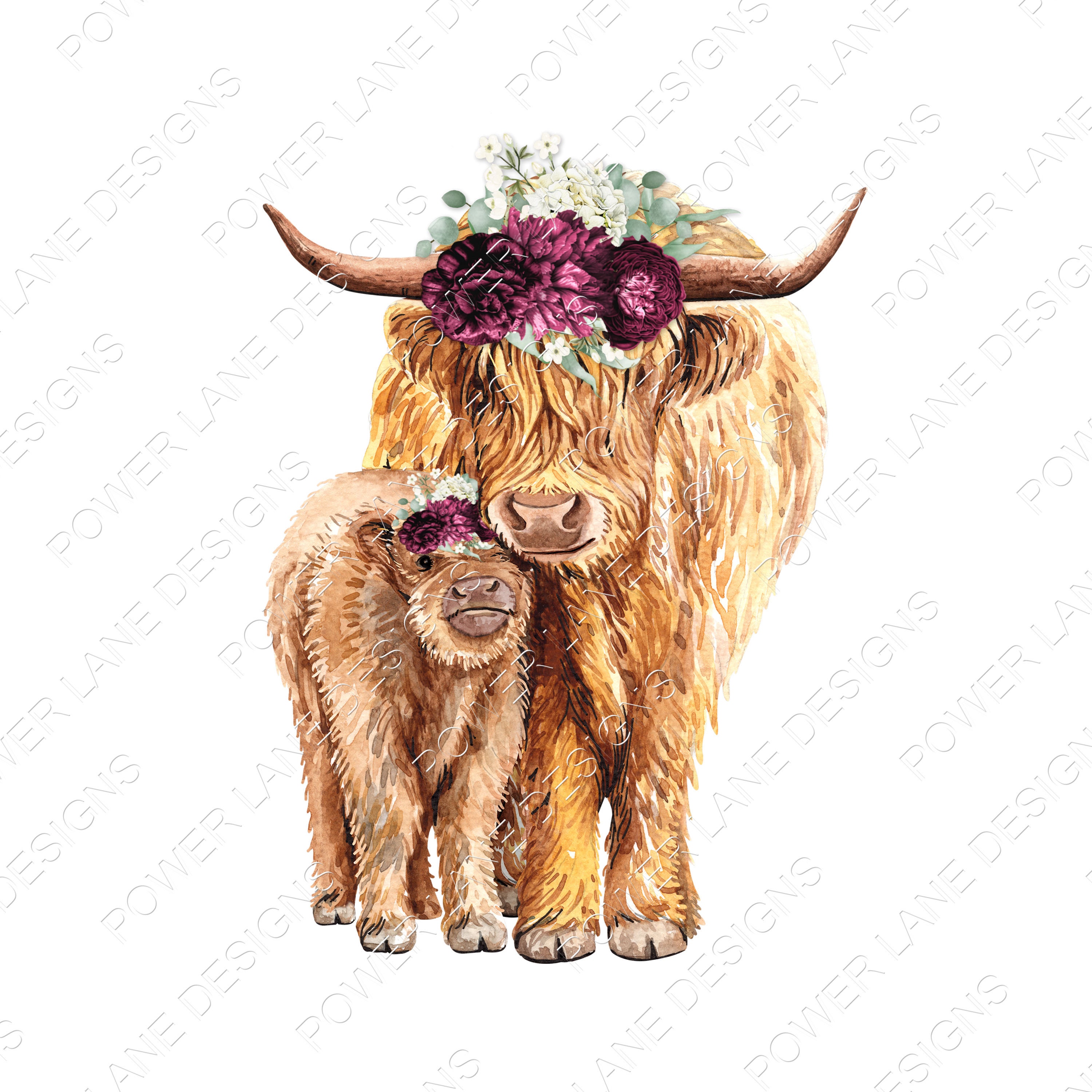 highland cows with leaves and maroon Fabric