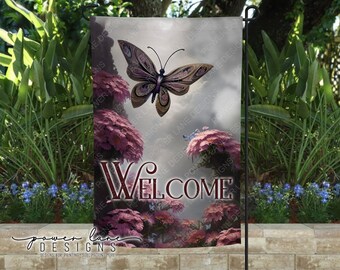 Mystical Butterfly Welcome Garden Flag Sublimation Design, PNG, Instant Download