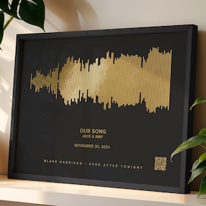 Arte de ondas sonoras con código QR personalizado con tu canción, imagen de ondas sonoras personalizada, regalo de canción de primer baile para pareja, arte de pared con lámina de oro