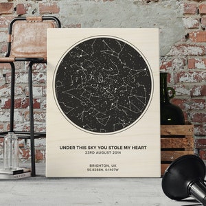 Carte des étoiles personnalisée par date et heure, imprimée sur bois, cadeau d'anniversaire personnalisé pour lui, carte du ciel nocturne pour mari, petit ami ou partenaire
