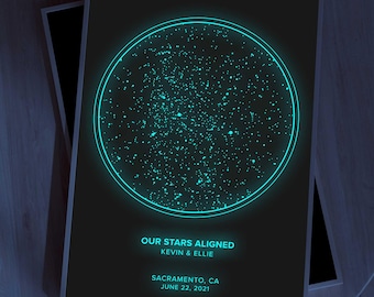 Custom Star Map Print, Glow In The Dark Poster, Personalised Star Map By Date, Luminous Night Sky Chart, Unique Wedding Anniversary Gift
