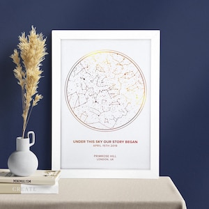 Stampa mappa stellare personalizzata, stampa lamina personalizzata per lui, mappa del cielo notturno, regalo di nozze unico per coppia, regali fatti a mano per anniversario