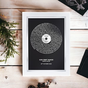 Presente de música de casamento, letras de música de folha de prata impressas, letras de nossa primeira dança, disco de vinil personalizado, presentes de aniversário personalizados para namorado