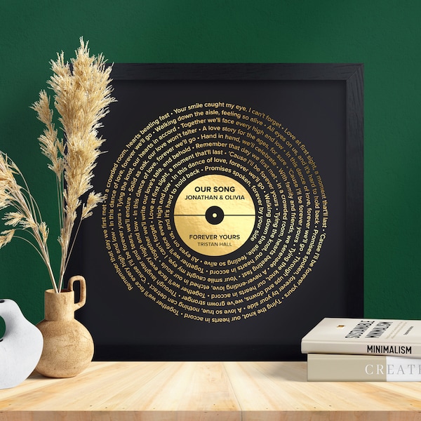 Impression sur feuille de paroles de première danse personnalisée, cadeau d'anniversaire pour lui, art mural disque vinyle personnalisé, décoration métallique encadrée