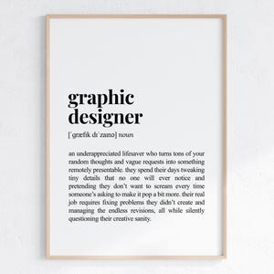 Könnte beinhalten: Ein schwarz-weißes druckbares Poster mit der Definition eines Grafikdesigners. Die Definition lautet: "Ein unterschätzter Lebensretter, der Unmengen deiner zufälligen Gedanken und vagen Anfragen in etwas verwandelt, das entfernt präsentierbar ist. Sie verbringen ihre Tage damit, winzige Details zu optimieren, die niemand jemals bemerken wird, und tun so, als würden sie nicht schreien wollen, wenn jemand fragt, ob man es etwas mehr zum Strahlen bringen könnte. Ihre eigentliche Arbeit besteht darin, Probleme zu lösen, die sie nicht verursacht haben, und endlose Überarbeitungen zu verwalten, während sie gleichzeitig still ihre kreative geistige Gesundheit in Frage stellen."