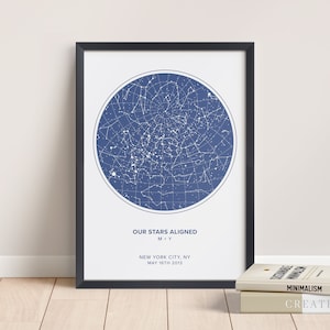 May include: A framed print of a star map showing the constellations visible on May 16th, 2013 in New York City, NY. The text "Our Stars Aligned" and "M+Y" are printed below the map.