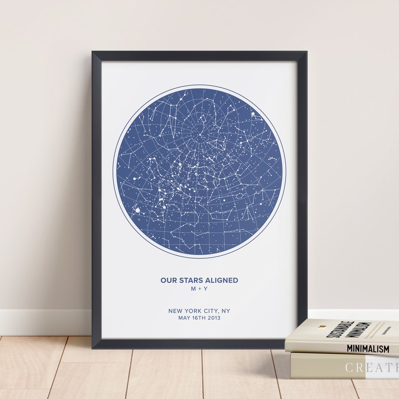 May include: A framed print of a star map showing the constellations visible on May 16th, 2013 in New York City, NY. The text "Our Stars Aligned" and "M+Y" are printed below the map.