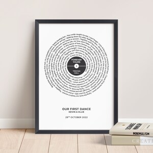 Impresión de letras de canciones personalizadas, regalo de aniversario de bodas para él o ella, póster de disco de vinilo personalizado, arte de pared con letras del primer baile