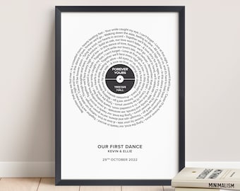 Personalised Song Lyrics Print, Wedding Anniversary Gift For Him or Her, Custom Vinyl Record Poster, First Dance Lyrics Wall Art