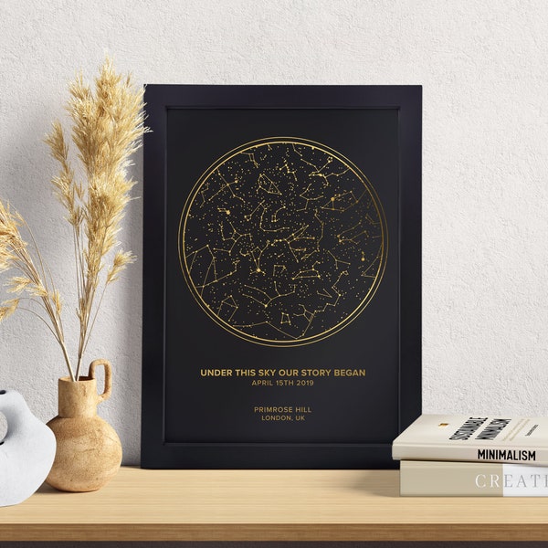Custom Star Map By Date And Time A4 Foil Print, Personalised Anniversary Gift For Him, Night Sky Map, Gold, Rose Gold, Copper Foil Art