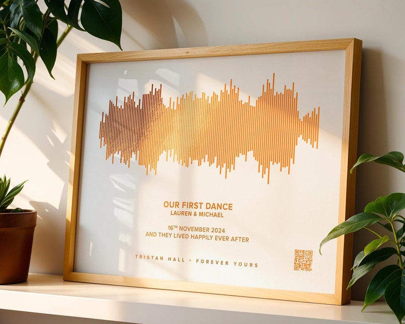 Soundwave Art With QR Code Personalised With Your Song, Custom Soundwave Picture, Copper Foil Print For 7th Year Anniversary, Metallic Art