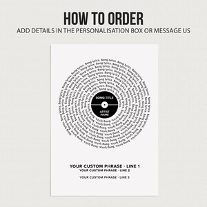 May include: Black and white printable design featuring a record with the text "Song Title" and "Artist Name" in the center. The record is surrounded by the words "Song Lyrics" repeated in a circular pattern. The text "Your Custom Phrase - Line 1", "Your Custom Phrase - Line 2", and "Your Custom Phrase - Line 3" is below the record.
