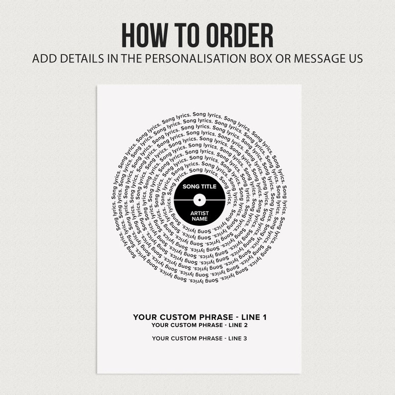May include: Black and white printable design featuring a record with the text "Song Title" and "Artist Name" in the center. The record is surrounded by the words "Song Lyrics" repeated in a circular pattern. The text "Your Custom Phrase - Line 1", "Your Custom Phrase - Line 2", and "Your Custom Phrase - Line 3" is below the record.