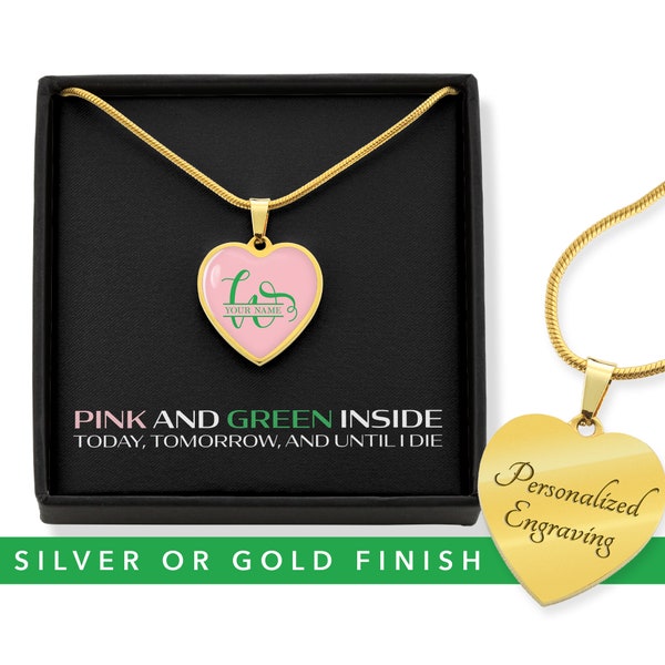 Custom Initial Necklace, AKA Paraphernalia, Alpha Kappa Alpha Sorority, Pink And Green Jewelry, Personalized Name, Heart Monogram Pendant