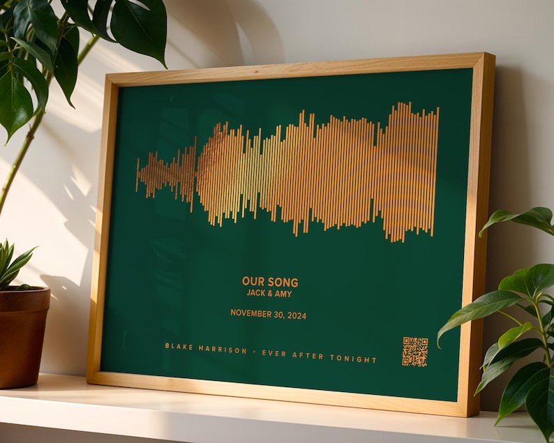 Soundwave Art With QR Code Personalised With Your Song, Custom Soundwave Picture, Copper Foil Print For 7th Year Anniversary, Metallic Art