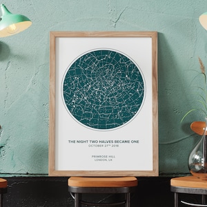 May include: A framed print with a teal blue star map, showing the constellations visible on October 27th, 2018 in Primrose Hill, London, UK. The text "The night two halves became one" is printed below the star map.