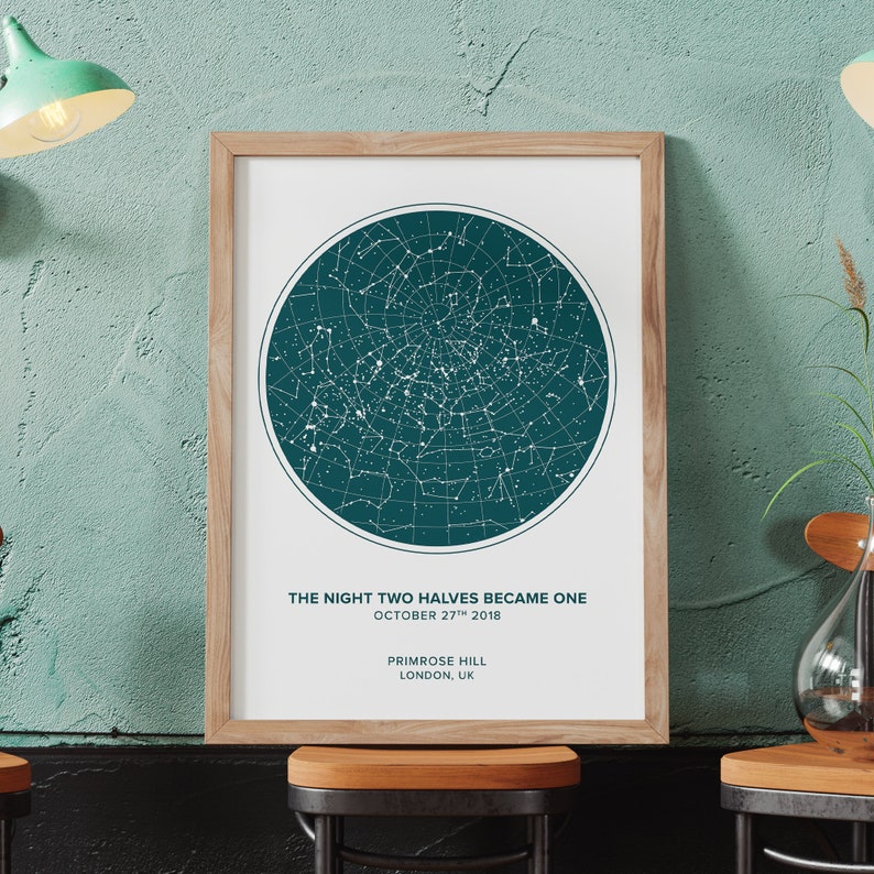 May include: A framed print with a teal blue star map, showing the constellations visible on October 27th, 2018 in Primrose Hill, London, UK. The text "The night two halves became one" is printed below the star map.