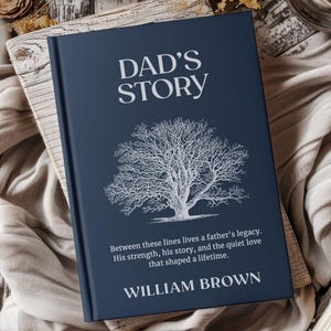 May include: A navy blue hardcover book titled "DAD'S STORY" with a white tree illustration. The text below reads "Between these lines lives a father's legacy...WILLIAM BROWN". The book is resting on a wooden surface.