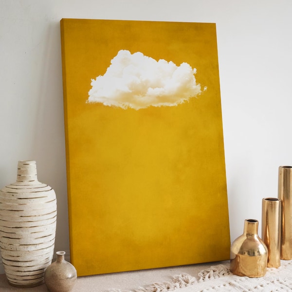 Senapsgult moln canvastavla, stort inramat konstverk, minimalistisk vintage gul väggkonst, abstrakt konsttryck, maximalistiskt molnkonstverk