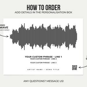 May include: A white print featuring a black soundwave design, with text that reads "How to Order" and "Customised Soundwave". Includes space for custom phrases, artist name, song title, and a scannable QR code.