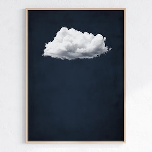 May include: A single white cloud against a dark blue background. The cloud is in the centre of the image and is the only element in the image.