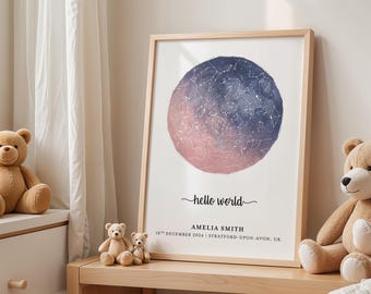 Personalised Baby Star Map Print, Custom Newborn Gift, Watercolour Night Sky, Gift For New Parents, Baby Shower Favour, Birth Announcement