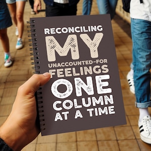 Może przedstawiać: Ciemnoszary notatnik ze spiralą z białym napisem RECONCILING MY UNACCOUNTED-FOR FEELINGS ONE COLUMN AT A TIME. Okładka ma matowe wykończenie z wyrazistą, teksturowaną typografią, która zajmuje większość powierzchni przedniej części notatnika.