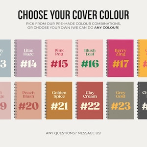 May include: A chart showing 24 different color combinations for notebook covers. The colors are arranged in two rows of twelve. Each color has a number and a name, such as Dusty Sky #13, Lilac Haze #14, Pink Pop #15, Blush Leaf #16, Berry Zing #17, Citrus Glow #18, Soft Rouge #19, Peach Blush #20, Golden Spice #21, Clay Cream #22, Grey Gold #23, and Charcoal Rose #24.