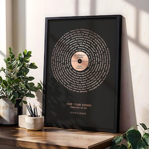 Personalisierte Schallplattenfolie Print mit gerahmten Songtexten für Hochzeiten, Jahrestage & besondere Anlässe