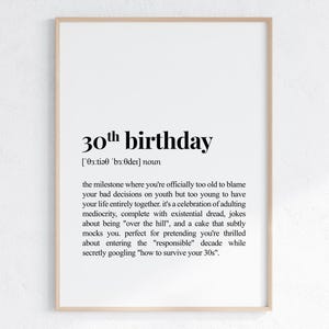 30th Birthday Definition Print, Sarcastic Dictionary Poster, Funny 30th Birthday Gift For Best Friend, Printable Digital Download