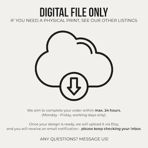 May include: Digital file only. Illustration of a cloud with a download arrow. Text reads: "We aim to complete your order within max. 24 hours, (Monday - Friday, working days only). Once your design is ready, we will upload it via Etsy, and you will receive an email notification - please keep checking your inbox. ANY QUESTIONS? MESSAGE US!"
