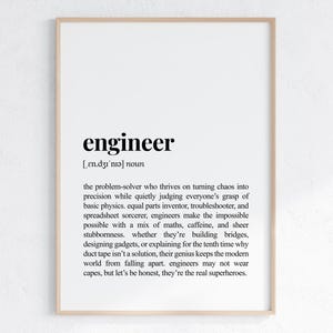 Może przedstawiać: Czarno-biała, drukowana grafika ścienna z definicją słowa "inżynier". Definicja opisuje inżynierów jako osoby rozwiązujące problemy, które wykorzystują matematykę, kofeinę i niezachwianą determinację, aby czynić niemożliwe możliwym.
