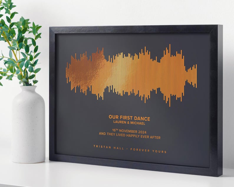 Soundwave Art With QR Code Personalised With Your Song, Custom Soundwave Picture, Copper Foil Print For 7th Year Anniversary, Metallic Art