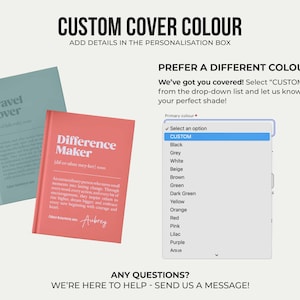 May include: Two hardcover books in sage green and coral red with white text, alongside a digital drop-down menu listing color options including custom, black, grey, white, beige, brown, green, dark green, yellow, orange, red, pink, lilac, purple, and aqua.