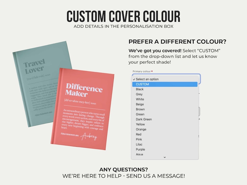 May include: Two hardcover books in sage green and coral red with white text, alongside a digital drop-down menu listing color options including custom, black, grey, white, beige, brown, green, dark green, yellow, orange, red, pink, lilac, purple, and aqua.