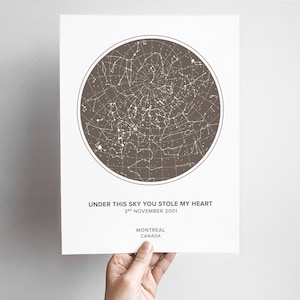 May include: A brown star map print with white stars and constellations. The text reads "Under this sky you stole my heart", "3rd November 2001", "Montreal", and "Canada".