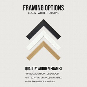 May include: Image showcasing framing options: black, white, and natural wood. The text reads "Framing Options" and "Quality Wooden Frames." Additional text highlights features like handmade solid wood, clear perspex, and rear fixings for hanging.