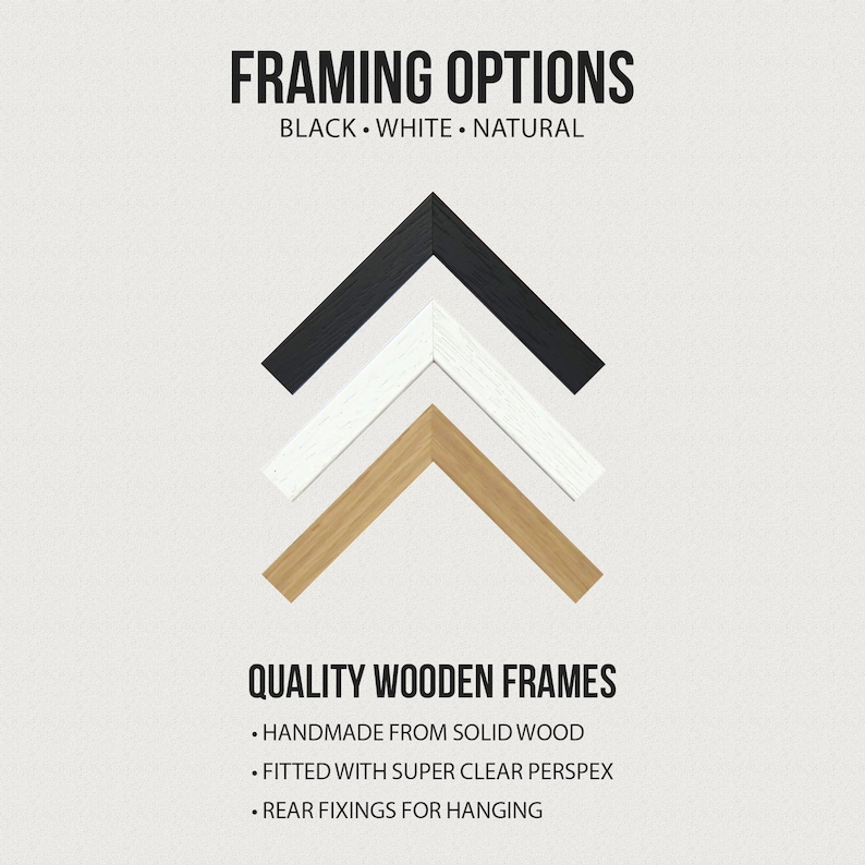 May include: Image showcasing framing options: black, white, and natural wood. The text reads "Framing Options" and "Quality Wooden Frames." Additional text highlights features like handmade solid wood, clear perspex, and rear fixings for hanging.