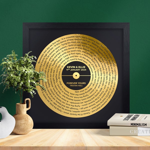 Impression sur feuille de disque vinyle personnalisée, impression encadrée des paroles de chanson, paroles de nos premières danses, cadeau d'anniversaire de mariage personnalisé pour les parents