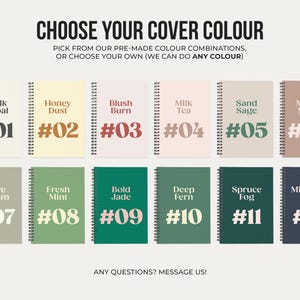 May include: Twelve different color options for a notebook cover. The colors are displayed in a grid with a number and a short descriptive name for each color. The colors include Chalk & Coal, Honey Dust, Blush Burn, Milk Tea, Sand Sage, Mauve Mood, Olive Cream, Fresh Mint, Bold Jade, Deep Fern, Spruce Fog, and Midnight Ink.
