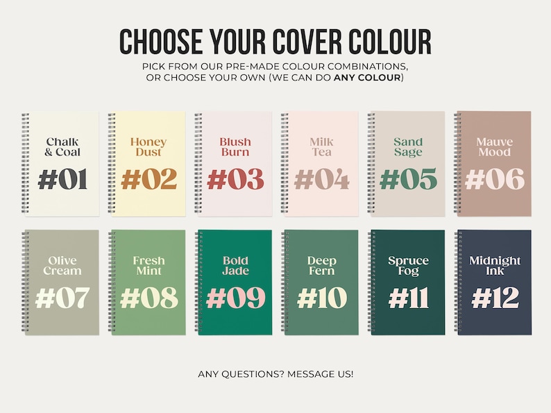 May include: Twelve different color options for a notebook cover. The colors are displayed in a grid with a number and a short descriptive name for each color. The colors include Chalk & Coal, Honey Dust, Blush Burn, Milk Tea, Sand Sage, Mauve Mood, Olive Cream, Fresh Mint, Bold Jade, Deep Fern, Spruce Fog, and Midnight Ink.