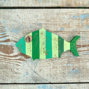 Rustic Wooden Fish Wall Hanging – Green Coastal Nautical Decor – Hand Painted Beach House Wall Art