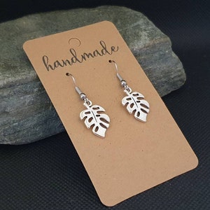 Leaf earrings, monstera leaf earrings, swiss cheese plant, palm, tropical leaf, jewellery, surgical steel earrings