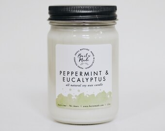 PEPPERMINT + EUCALYPTUS//Peppermint Candle//Eucalyptus Candle//Fresh Candle//Relaxing Candle// All Natural Soy Candle 12oz