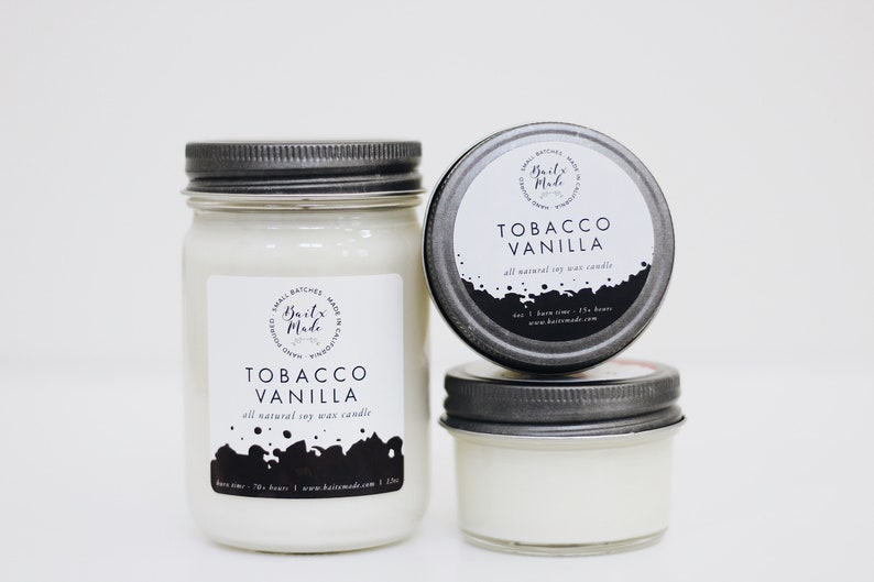 Tobacco Vanilla, unique candle scents, manly scents, awesome manly gift, candles for him, man cave candles, man candles, soy candle 4oz image 3