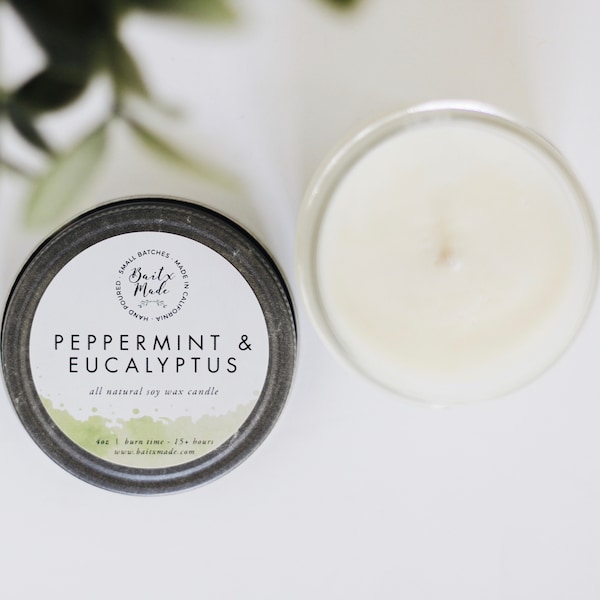 PEPPERMINT + EUCALYPTUS//Peppermint Candle//Eucalyptus Candle//Fresh Candle//Relaxing Candle// All Natural Soy Candle 4oz