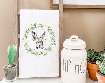 Easter Bunny Tea Towel with Floral Wreath, Spring Kitchen Decor, Gift for Mom.